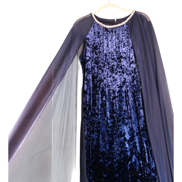 RM Richards Maxi Velour Velvet Dress Women 12 Blue Attached Cape Evening Elegant - Picture 2 of 13
